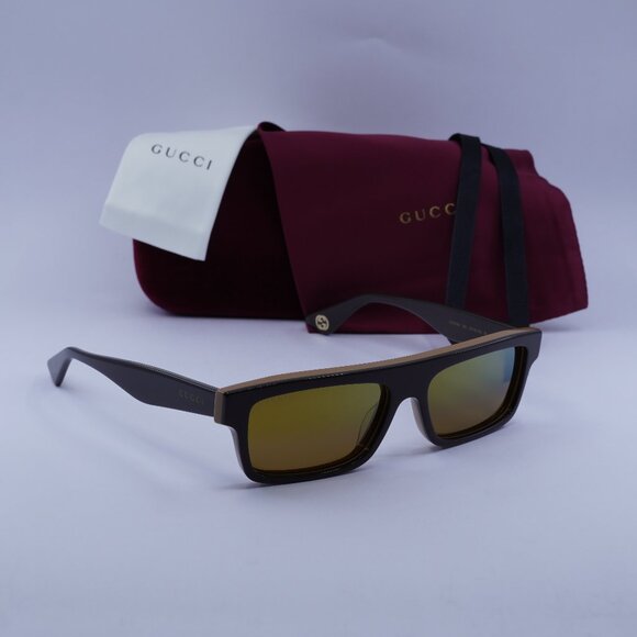 Gucci GG1616S 002 Rectangle Sunglasses - Bilayer Brown/Gold Mirror - Picture 1 of 10